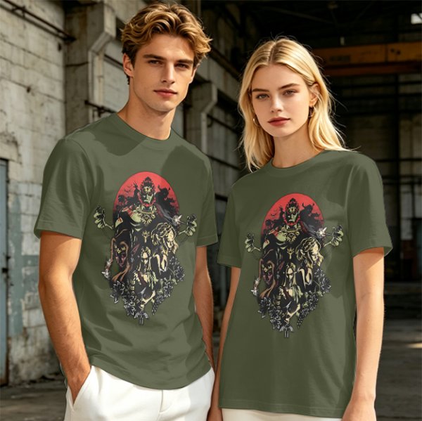 Olive T-Shirt With Dark Fantasy Villain Character Art Print