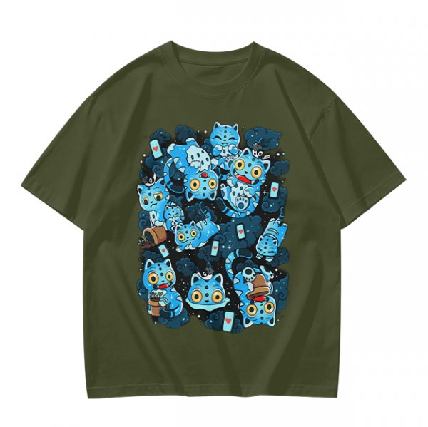 Olive T-Shirt With Playful Blue Cat Character Print