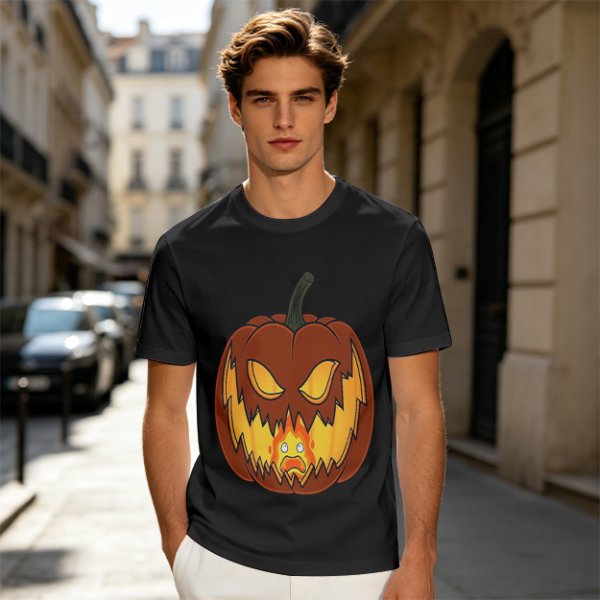 Olive Green T-Shirt With Scary Jack O' Lantern Pumpkin Print