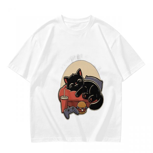 Olive T-Shirt with Relaxed Black Cat Gaming Snack Print