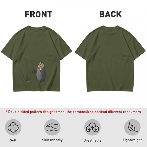 Olive Green T-Shirt With Chibi Bearded Man In Suit Graphic