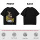 Olive T-shirt with fantasy characters balancing on a log over a stream