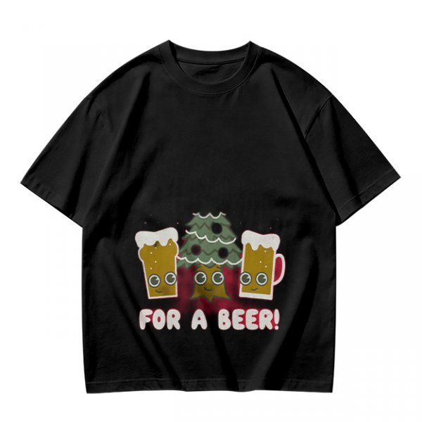 Olive green Christmas beer graphic t-shirt with 'FOR A BEER!' text