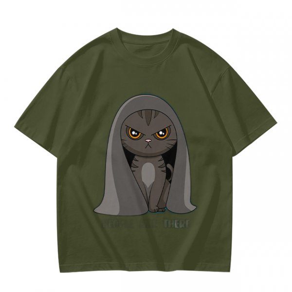 Olive T-shirt with Angry Cat in Hooded Cloak Graphic Print