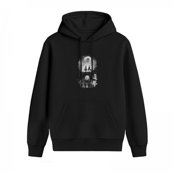 Black hoodie with anime silhouette scene print