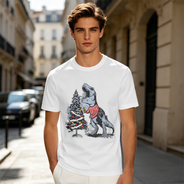 Olive T-shirt with T-Rex in Christmas sweater decorating a tree