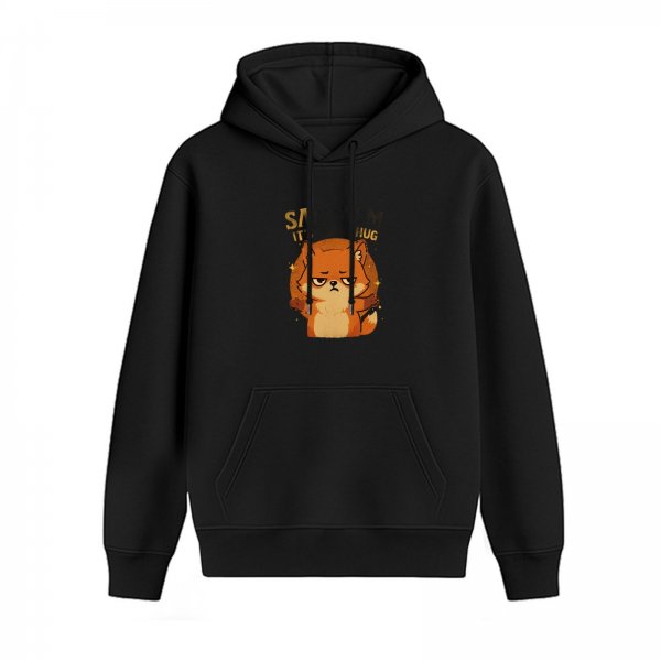Black hoodie with sarcastic fox hug graphic print