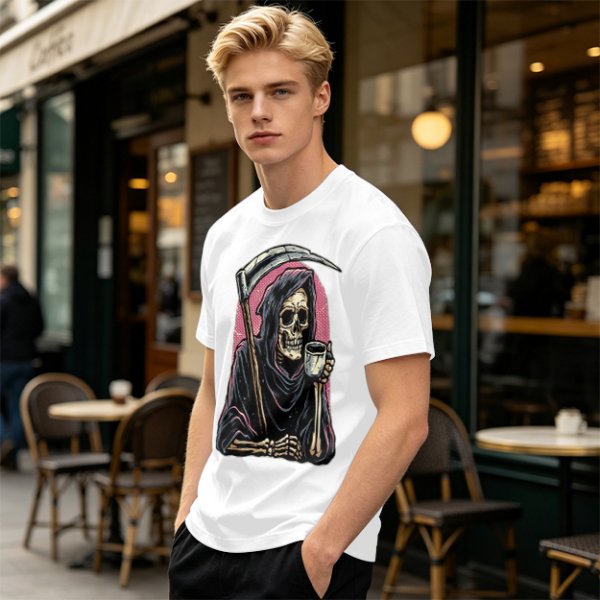 Olive T-Shirt Featuring Grim Reaper Holding Coffee and Scythe