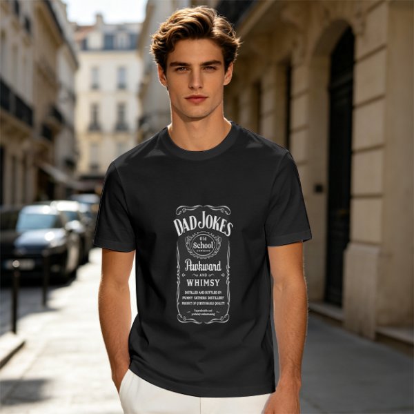 Olive Green T-Shirt with Dad Jokes Whiskey Label Style Graphic