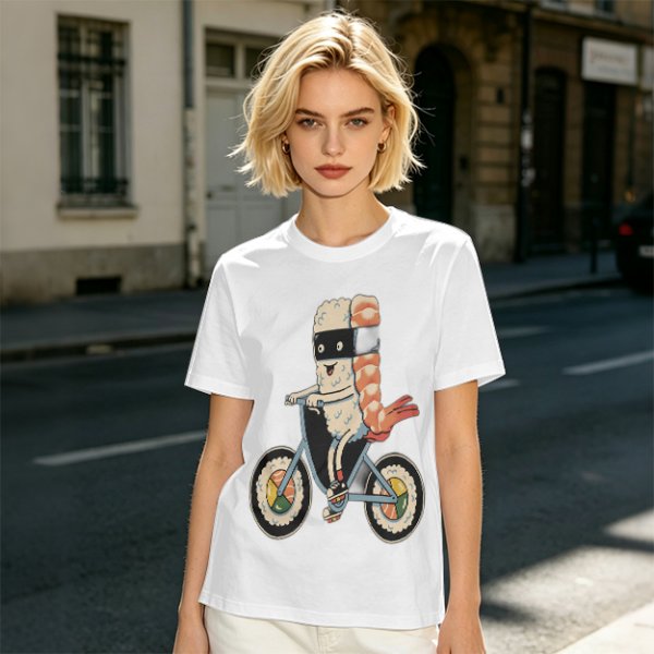 Olive T-Shirt With Sushi Ninja Riding Bicycle Print