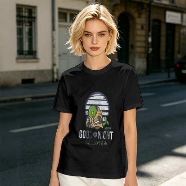 Olive green graphic t-shirt with Tonberry 'Good Night' print