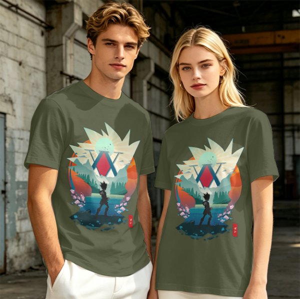 Hunter x Hunter Anime Graphic Tee with Sunset Landscape Art