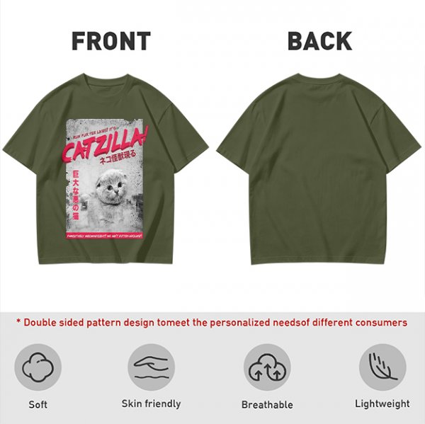 Olive green t-shirt with Catzilla giant cat monster graphic print