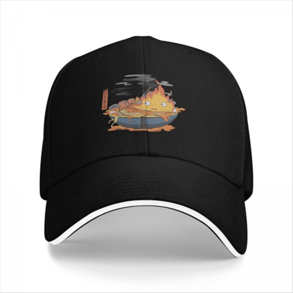 Black baseball cap with anime fire demon ramen bowl graphic