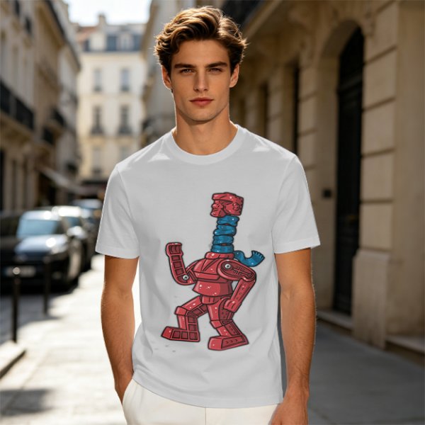 Olive Green T-Shirt with Retro Robot Graphic Print