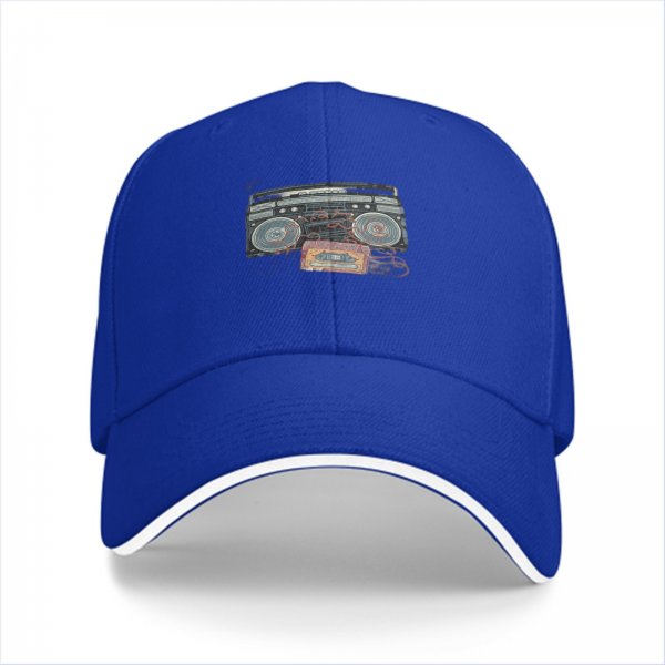 Black Baseball Cap with Retro Boombox and Cassette Print