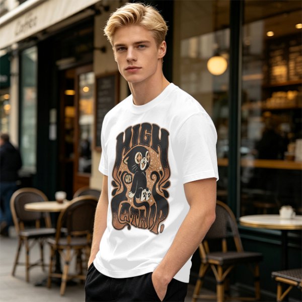 Olive green graphic t-shirt with a high on catip black cat print