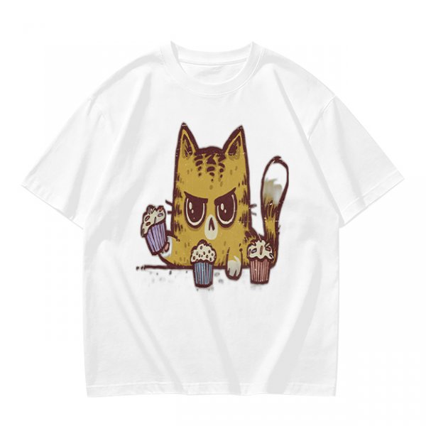 Olive T-Shirt With Angry Cat Holding Cupcakes Graphic Print