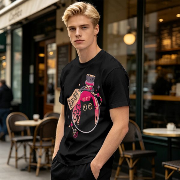 Olive T-shirt with a potion bottle holding a black cat that says don't open evil inside do it