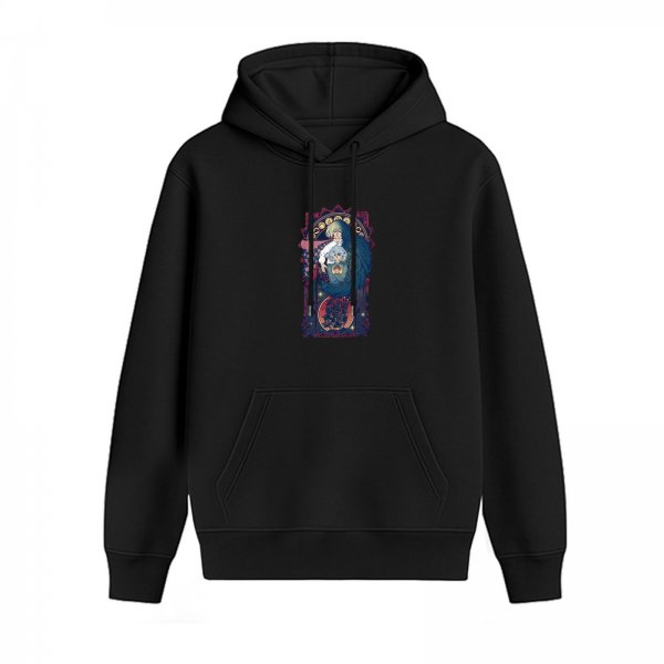 Black hoodie with fantasy tarot-style graphic print