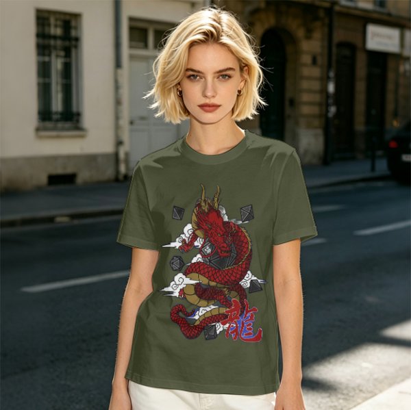 Olive T-shirt with Red Chinese Dragon and Cloud Graphic Print