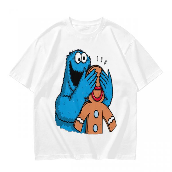 Olive T-shirt with Cookie Monster covering gingerbread man’s eyes