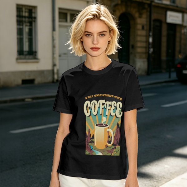 Olive Graphic T-Shirt With Coffee And Mountain Sunrise Design