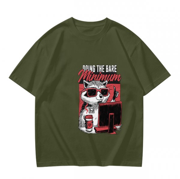 Olive graphic t-shirt with raccoon doing the bare minimum at computer