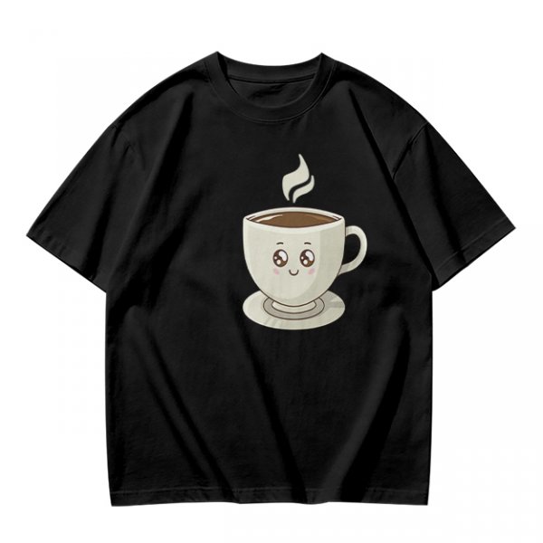 Olive Green T-Shirt With Cute Smiling Steaming Coffee Cup Print