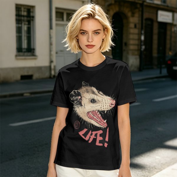 Olive T-Shirt With Aggressive Opossum 'LIFE!' Graphic Print