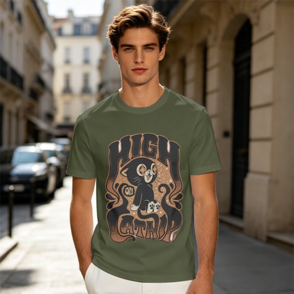 Olive green graphic t-shirt with a high on catip black cat print