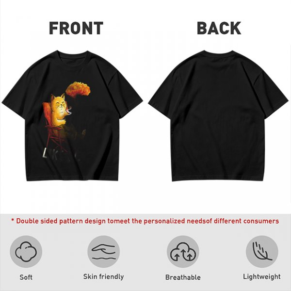 Olive T-Shirt Featuring a Relaxed Cat on a Chair with Fried Chicken Print