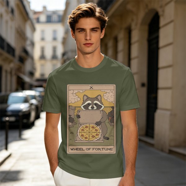 Raccoon Wheel of Fortune Tarot Pizza T-Shirt