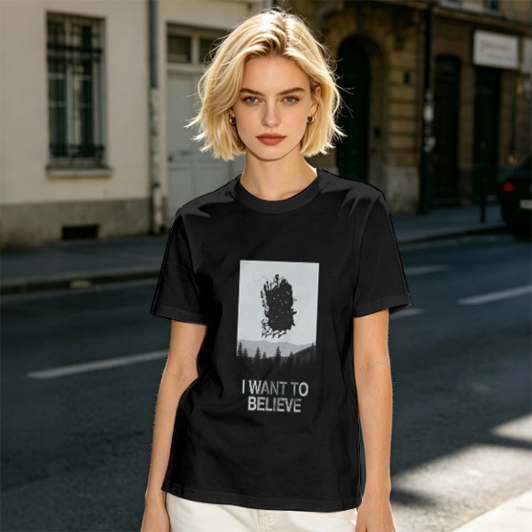 Olive t-shirt with 'I Want To Believe' UFO landscape print