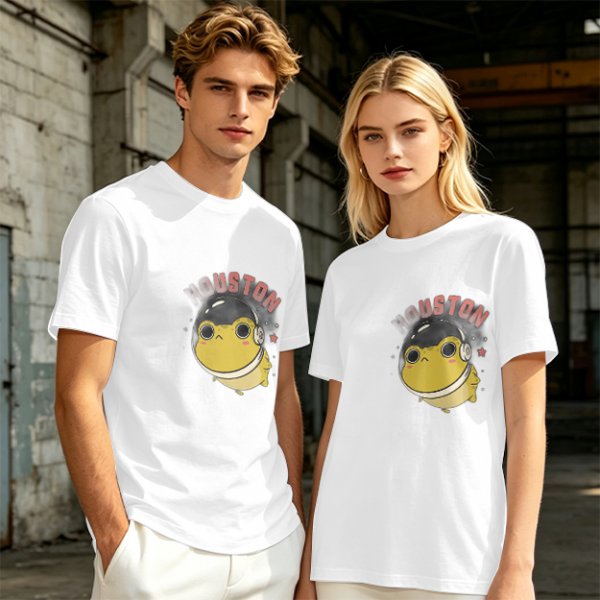 Olive green t-shirt with space frog graphic and Houston text