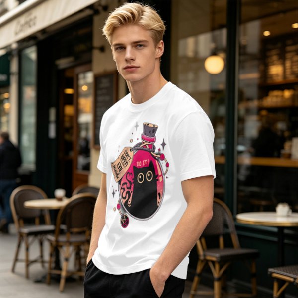 Olive T-shirt with a potion bottle holding a black cat that says don't open evil inside do it