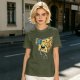 Olive T-shirt with a cartoon cheese taking a selfie and making a peace sign