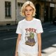 Olive T-shirt with cartoon T-Rex holding small dinosaurs and RAWR text