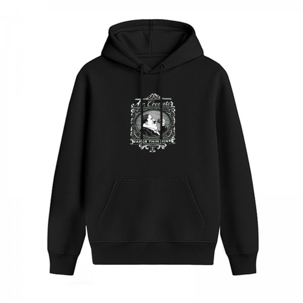 Black hoodie with vintage framed graphic print featuring a man and text