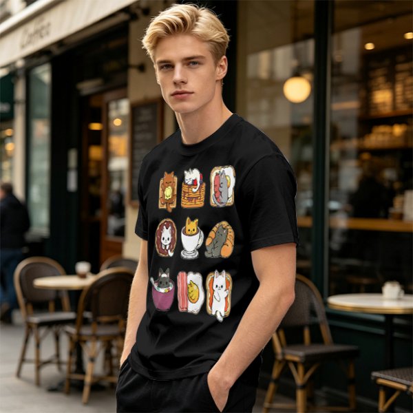 Olive T-Shirt With Cute Breakfast Cat Graphic Print