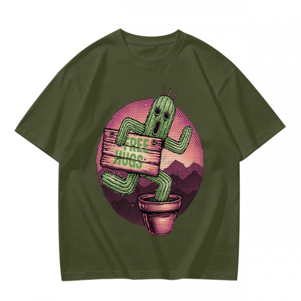 Olive T-shirt with Cartoon Cactus Free Hugs Desert Print