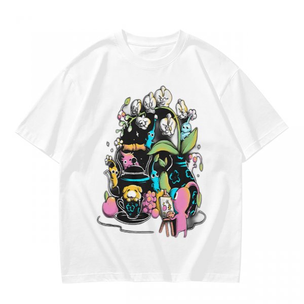 Olive T-Shirt With Whimsical Pikmin Themed Tea Party Art