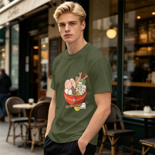 Olive T-Shirt With Cute Cat Ramen Bowl Graphic Print