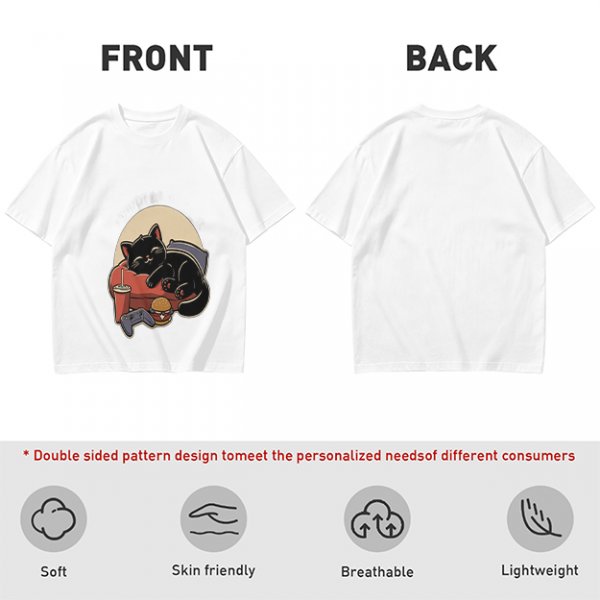 Olive T-Shirt with Relaxed Black Cat Gaming Snack Print