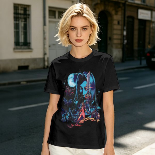 Olive T-shirt with fantasy warrior and moon graphic print