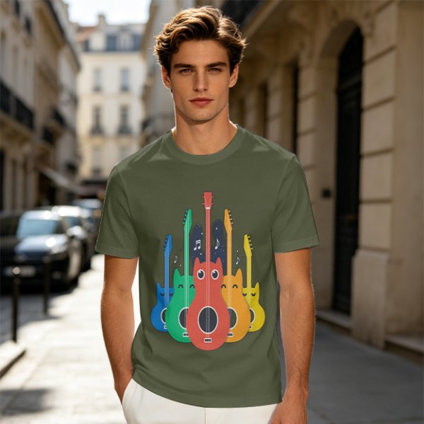 Olive T-Shirt With Colorful Cat Guitar Illustration