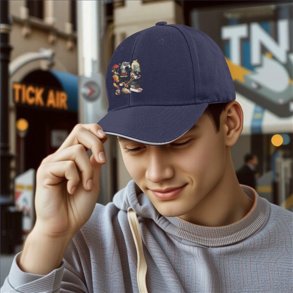 Black Baseball Cap With Cute Cat Food Themed Graphic