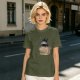 Olive Green T-Shirt With Ninja Cat In Cardboard Box Graphic