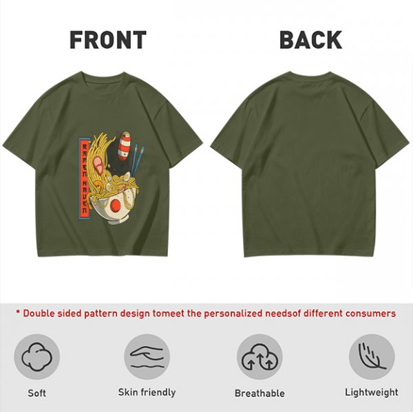 Olive T-Shirt With Ramen Bowl Graphic and Vertical Text Print