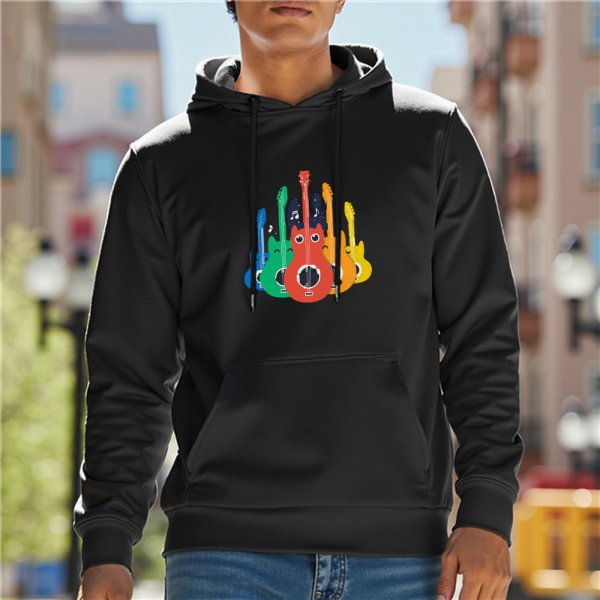 Black Hoodie With Colorful Cartoon Guitars Graphic